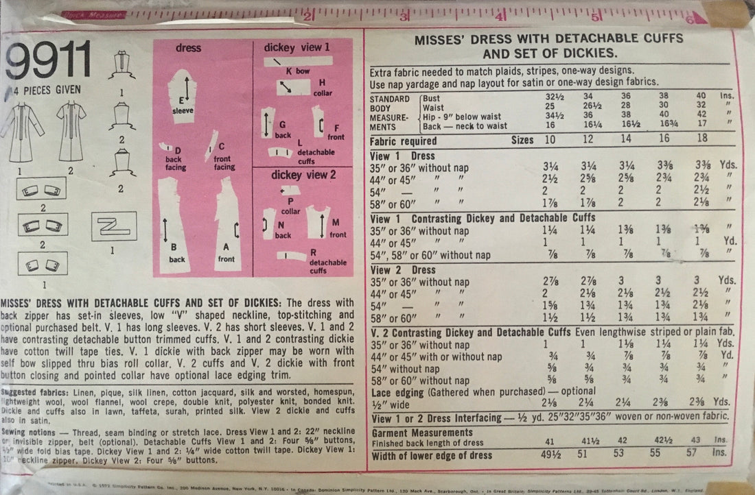 Simplicity 9911 Sewing Pattern (Vintage) CUT