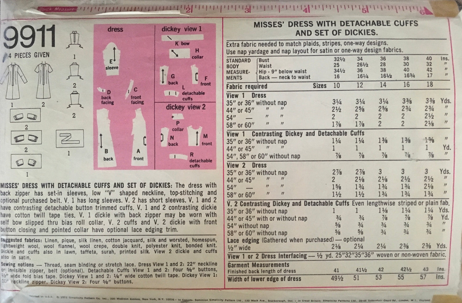 Simplicity 9911 Sewing Pattern (Vintage) CUT
