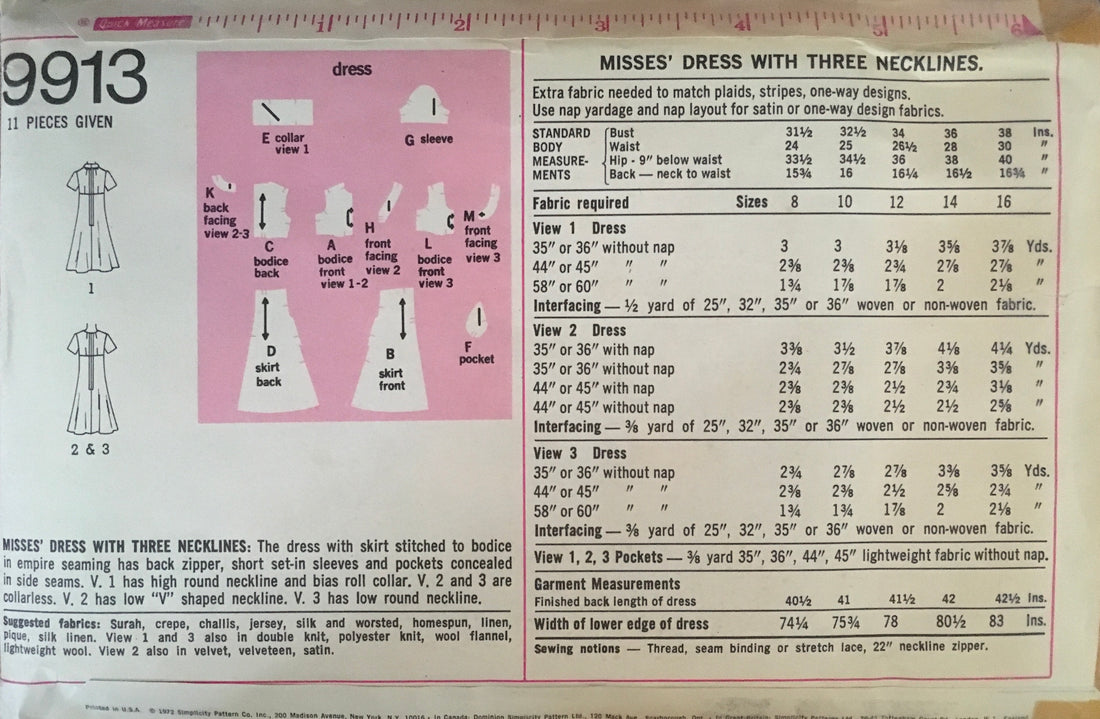 Simplicity 9913 Sewing Pattern (Vintage) CUT