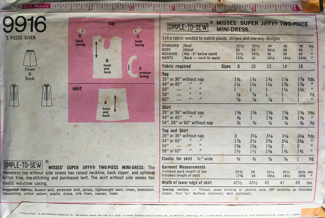 Simplicity 9916 Sewing Pattern (Vintage) CUT