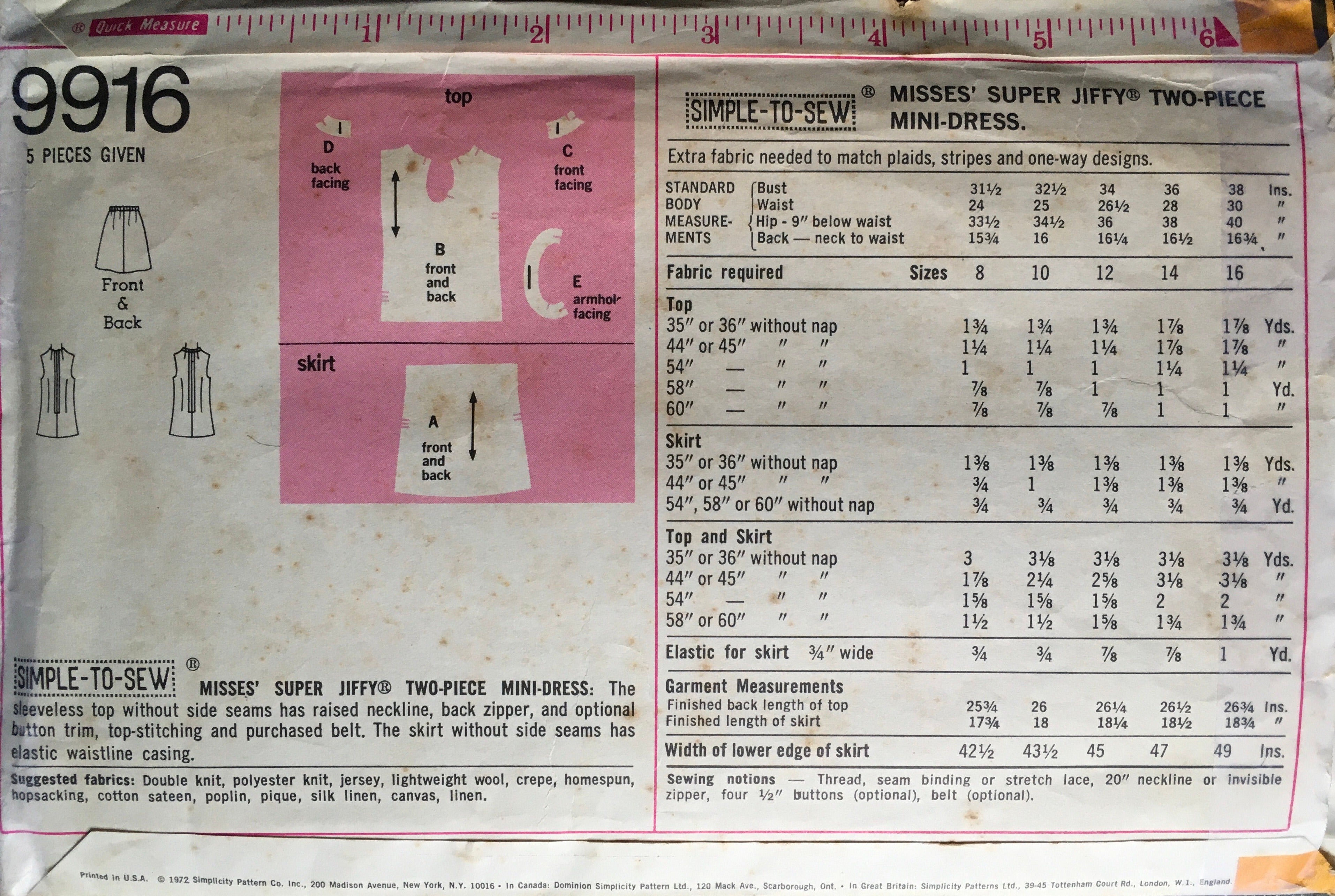 Simplicity 9916 Sewing Pattern (Vintage) CUT