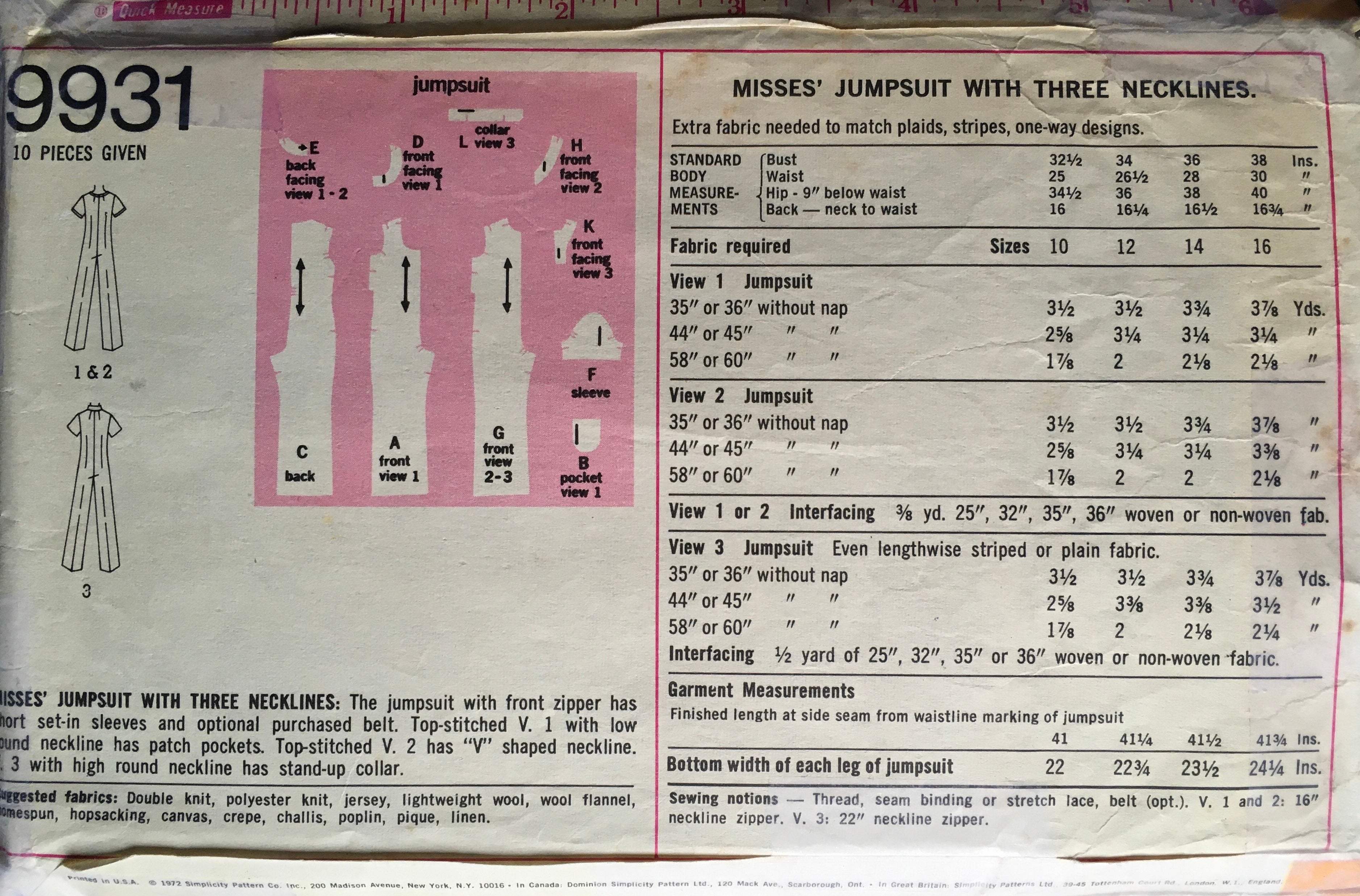 Simplicity 9931 Sewing Pattern (Vintage) CUT