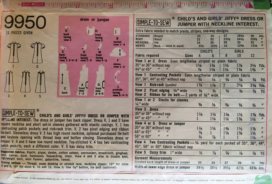 Simplicity 9950 Sewing Pattern (Vintage) CUT