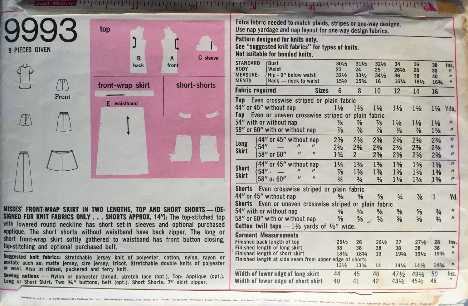 Simplicity 9993 Sewing Pattern (Vintage) CUT