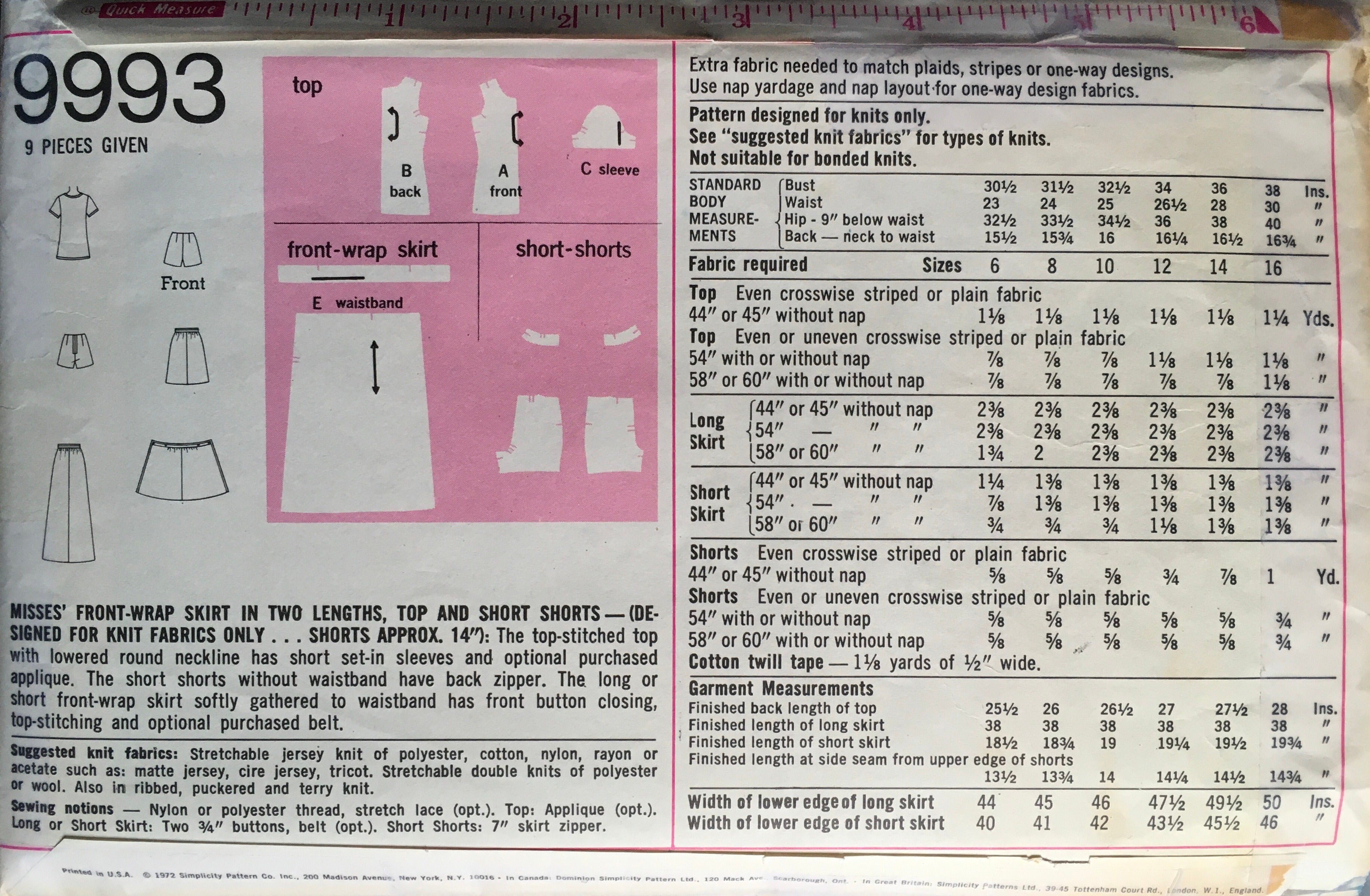 Simplicity 9993 Sewing Pattern (Vintage) CUT