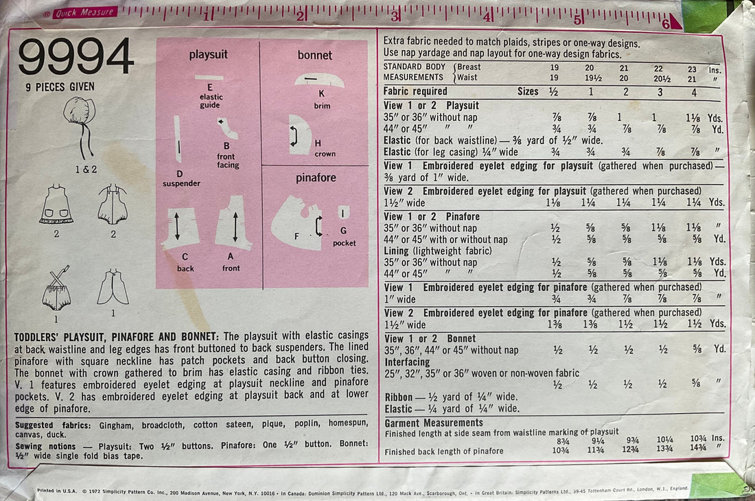 Simplicity 9994 Sewing Pattern (Vintage) CUT