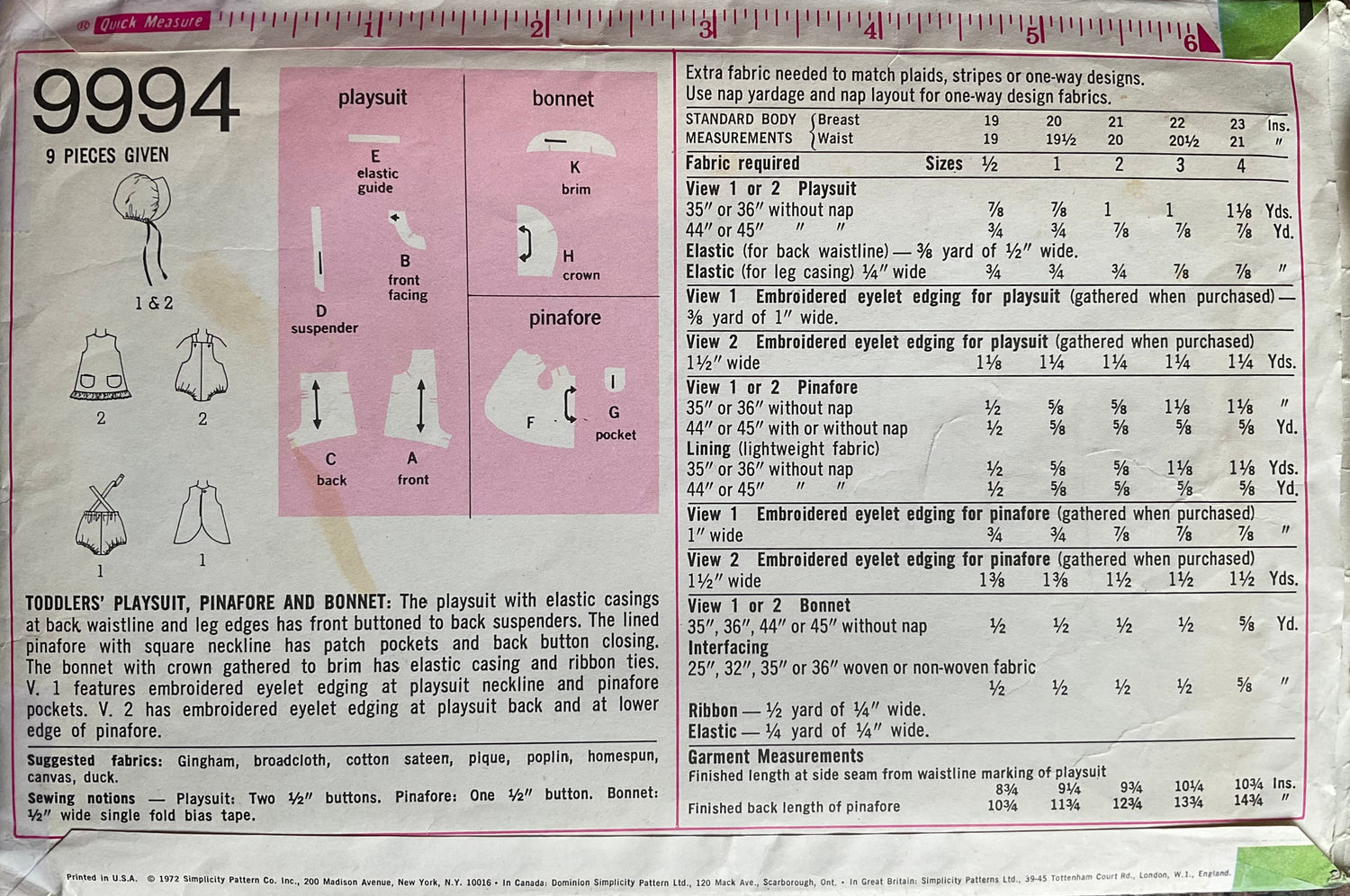 Simplicity 9994 Sewing Pattern (Vintage) CUT