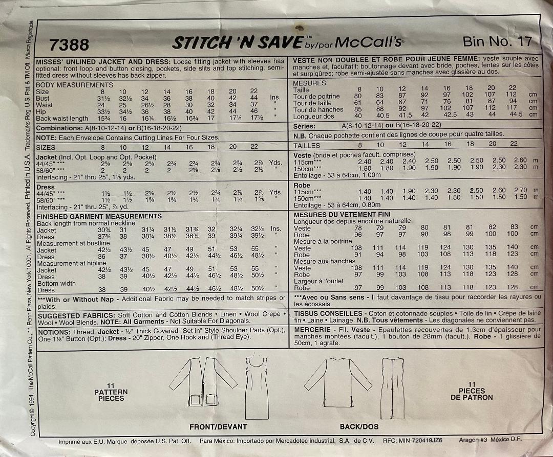 Stitch’n Save 7388 Sewing Pattern (Vintage) UNCUT