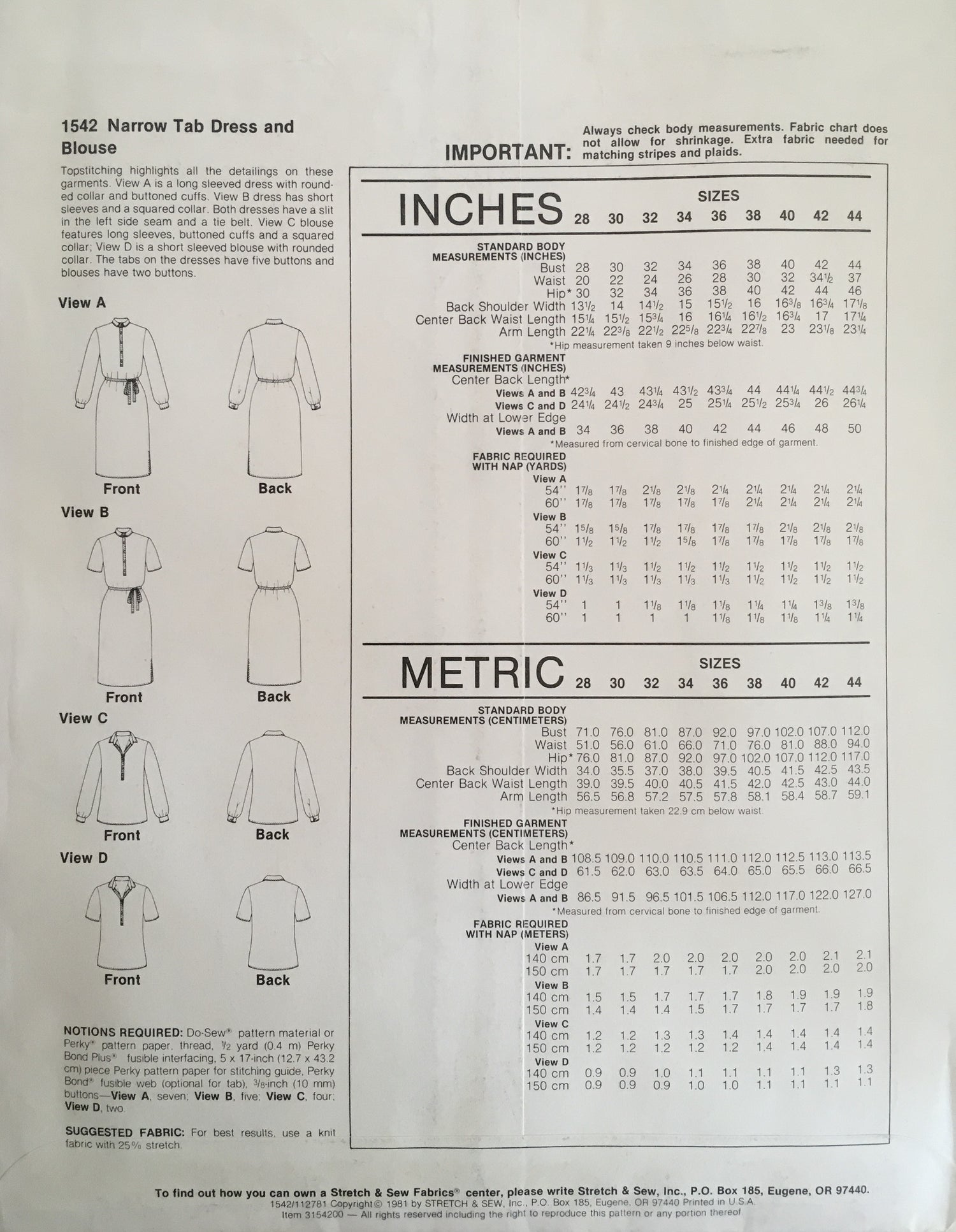 Stretch &amp; Sew 1542 Sewing Pattern (Vintage) UNCUT