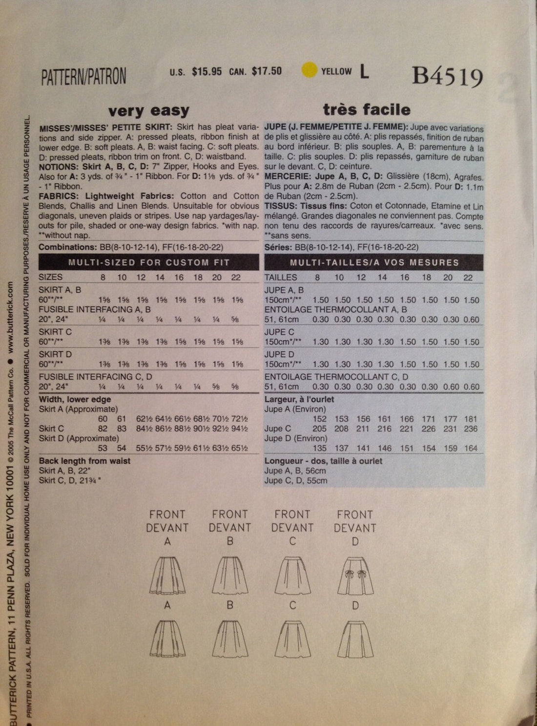 Butterick 4519 Sewing Pattern (Vintage) UNCUT