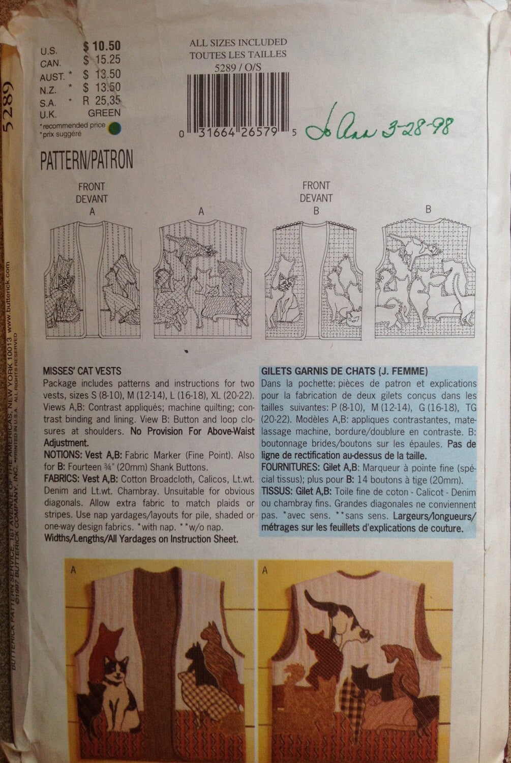 Butterick 5289 Sewing Pattern (Vintage) UNCUT