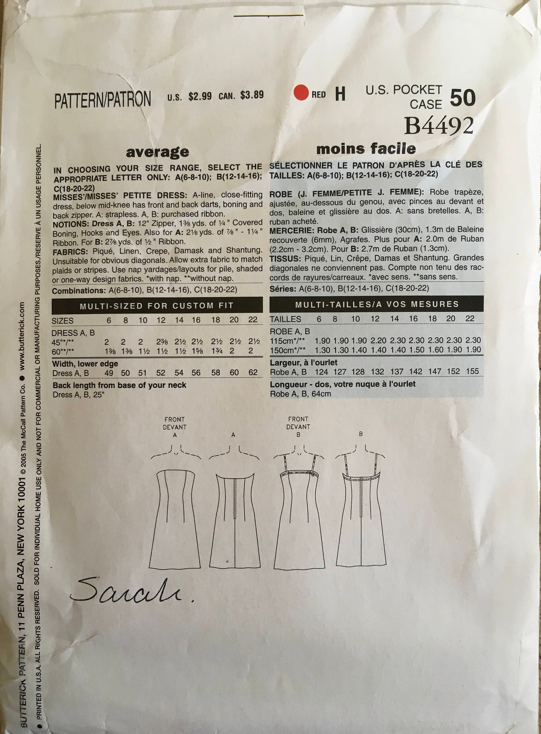 See &amp; Sew 4492 Sewing Pattern (Vintage) UNCUT