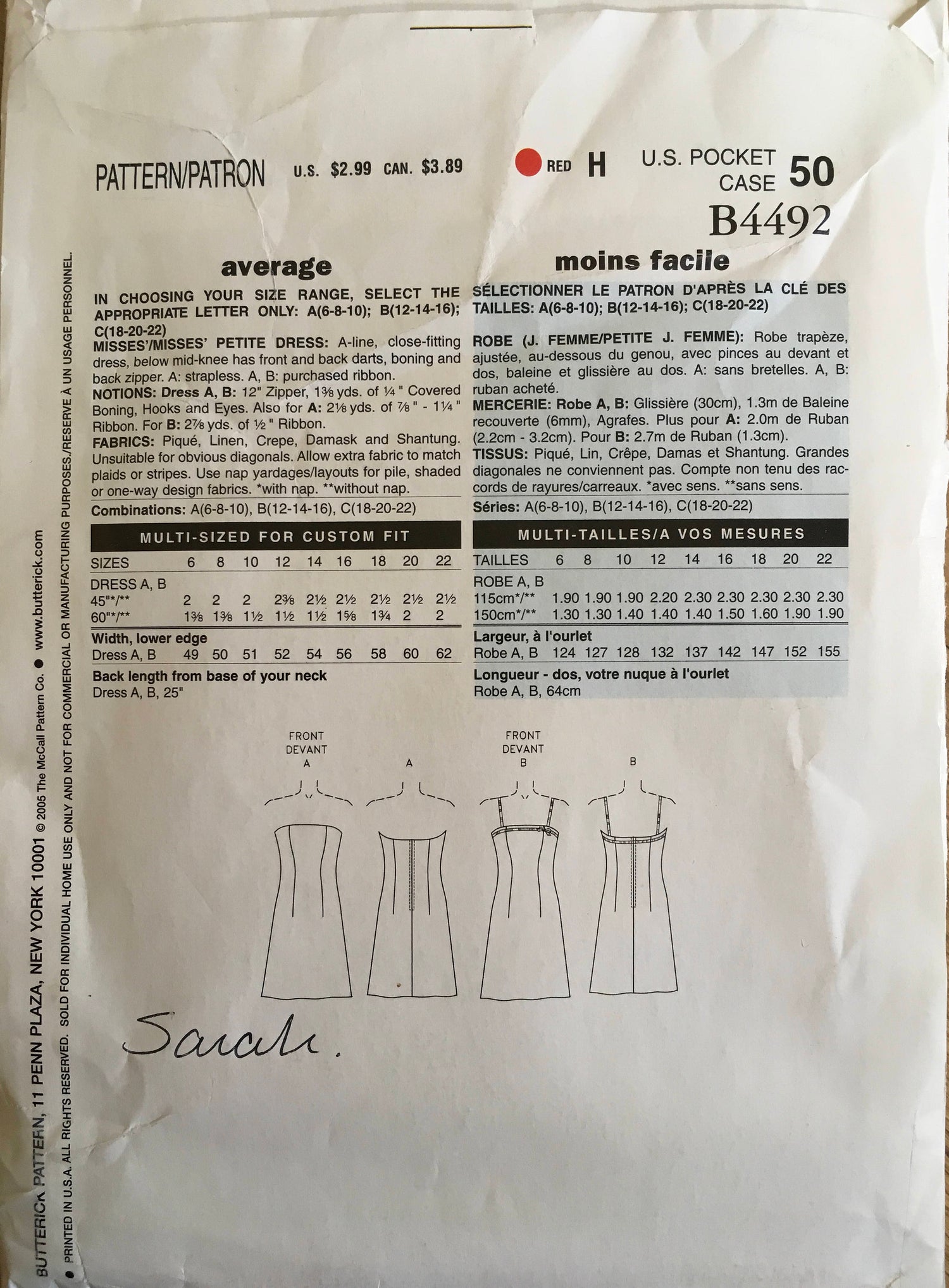 See &amp; Sew 4492 Sewing Pattern (Vintage) UNCUT