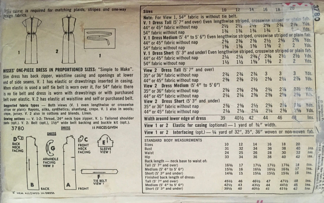 Simplicity 3780 Sewing Pattern (Vintage) CUT