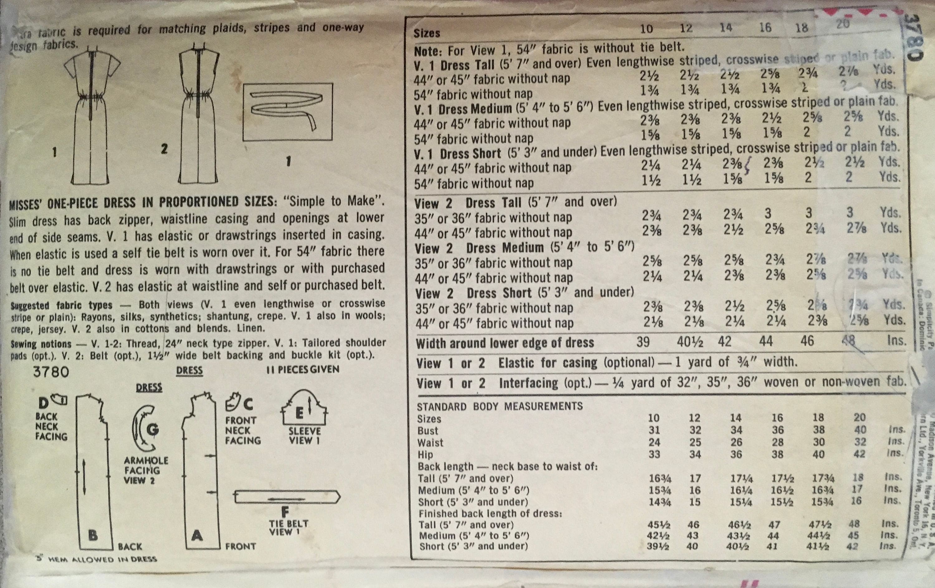 Simplicity 3780 Sewing Pattern (Vintage) CUT