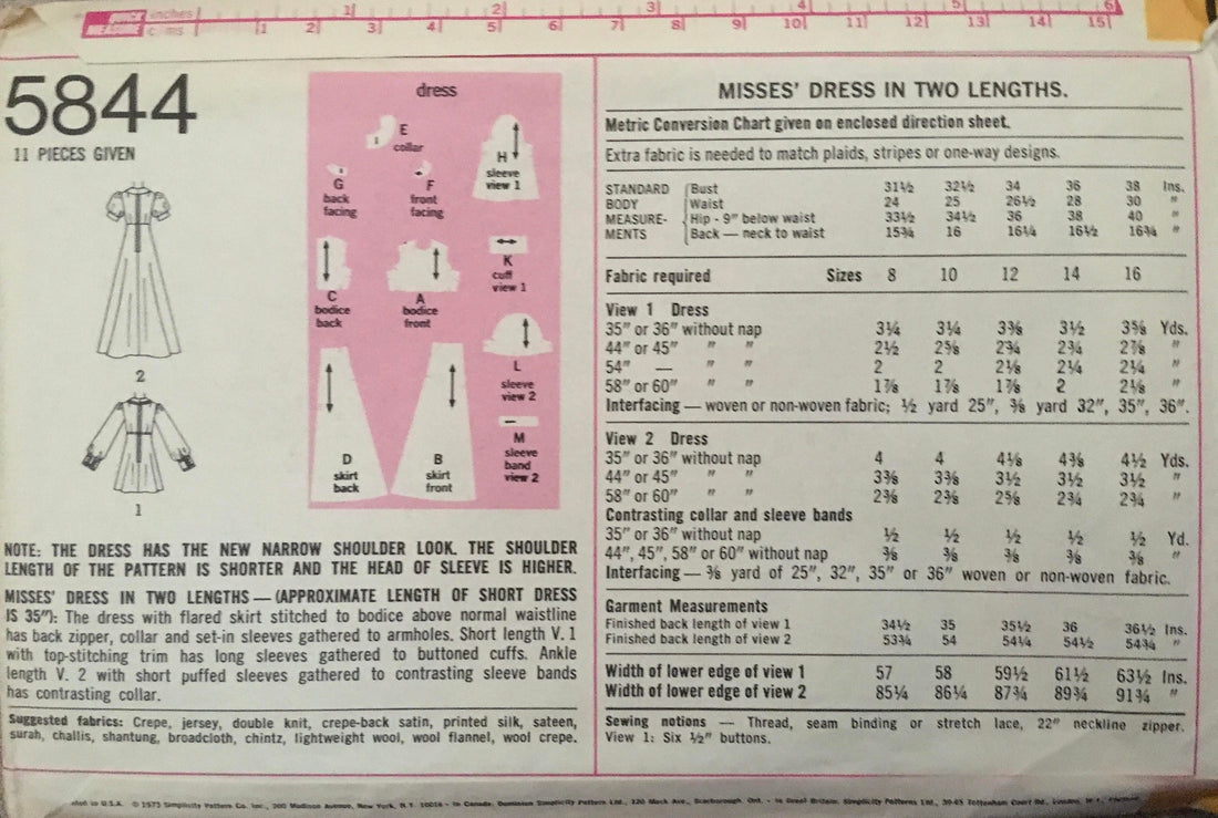 Simplicity 5844 Sewing Pattern (Vintage) UNCUT