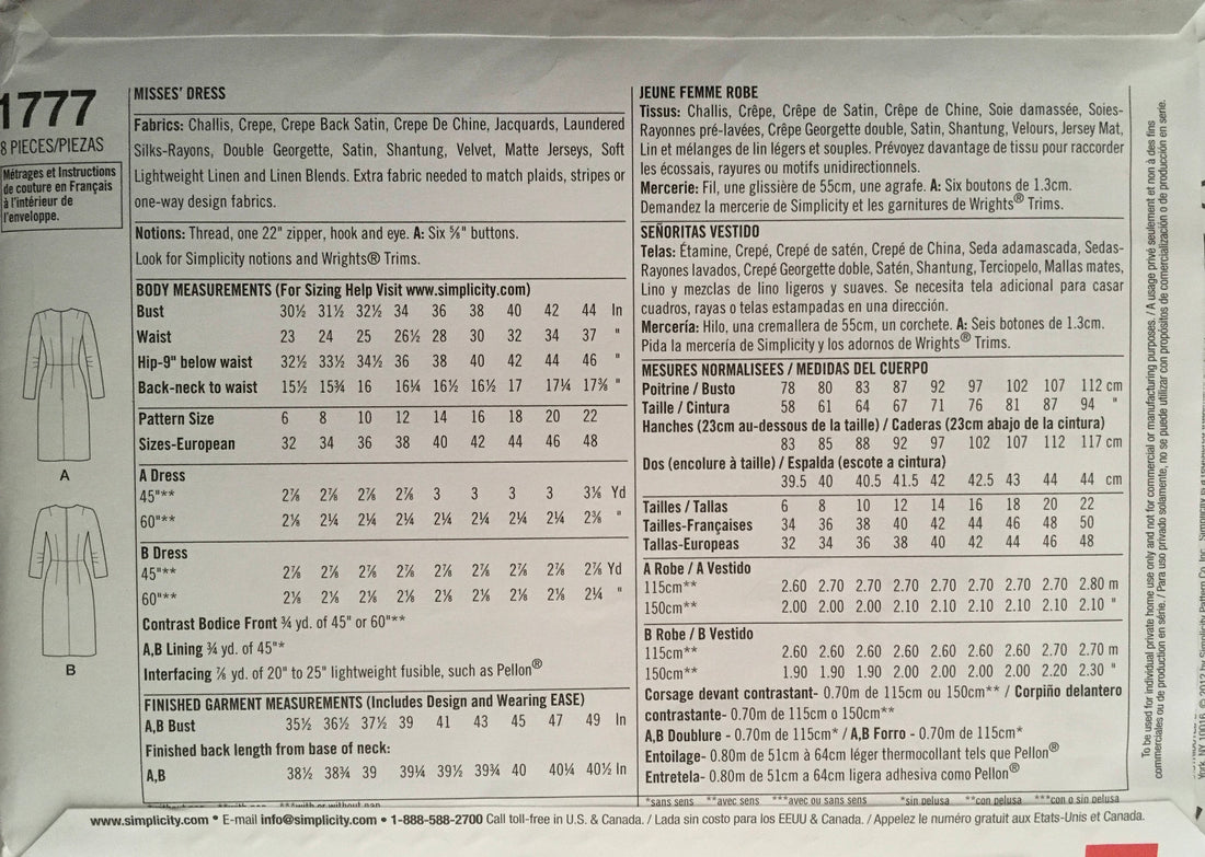 Simplicity 1777 Sewing Pattern (Vintage) UNCUT