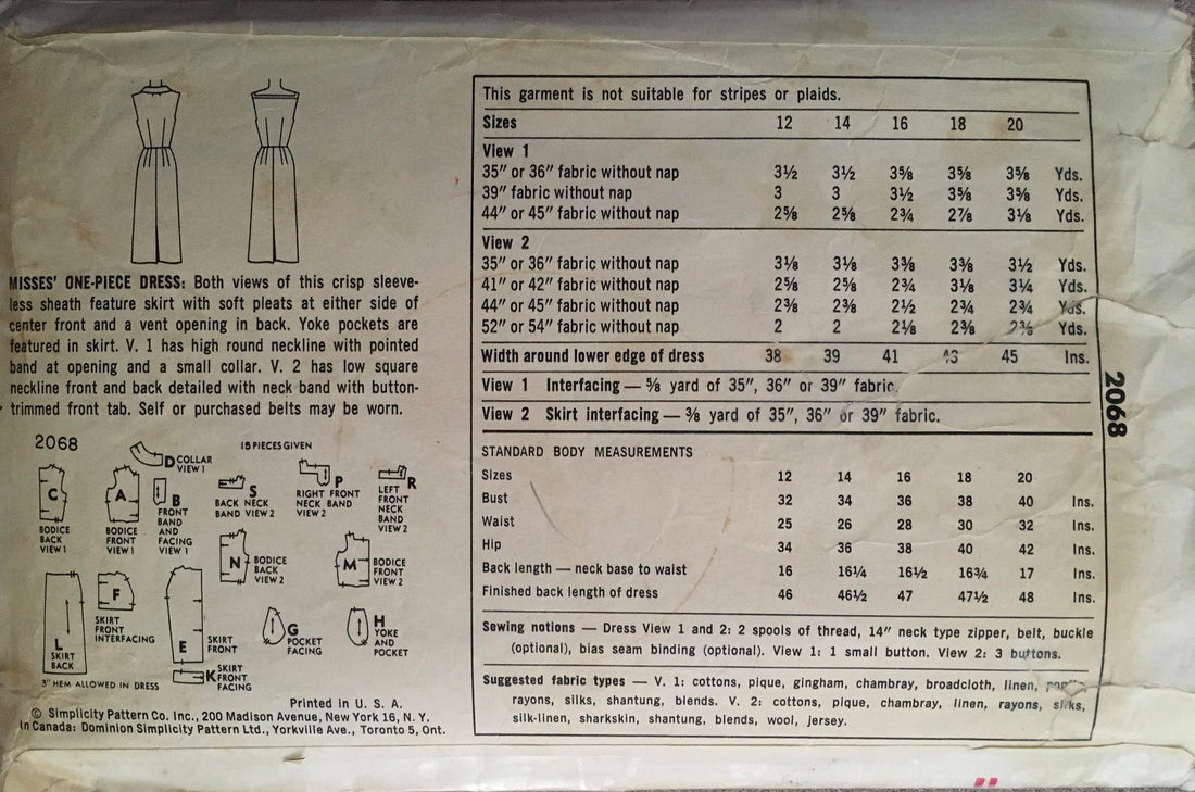 Simplicity 2068 Sewing Pattern (Vintage) CUT
