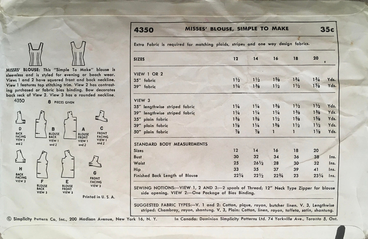 Simplicity 4350 Sewing Pattern (Vintage) CUT