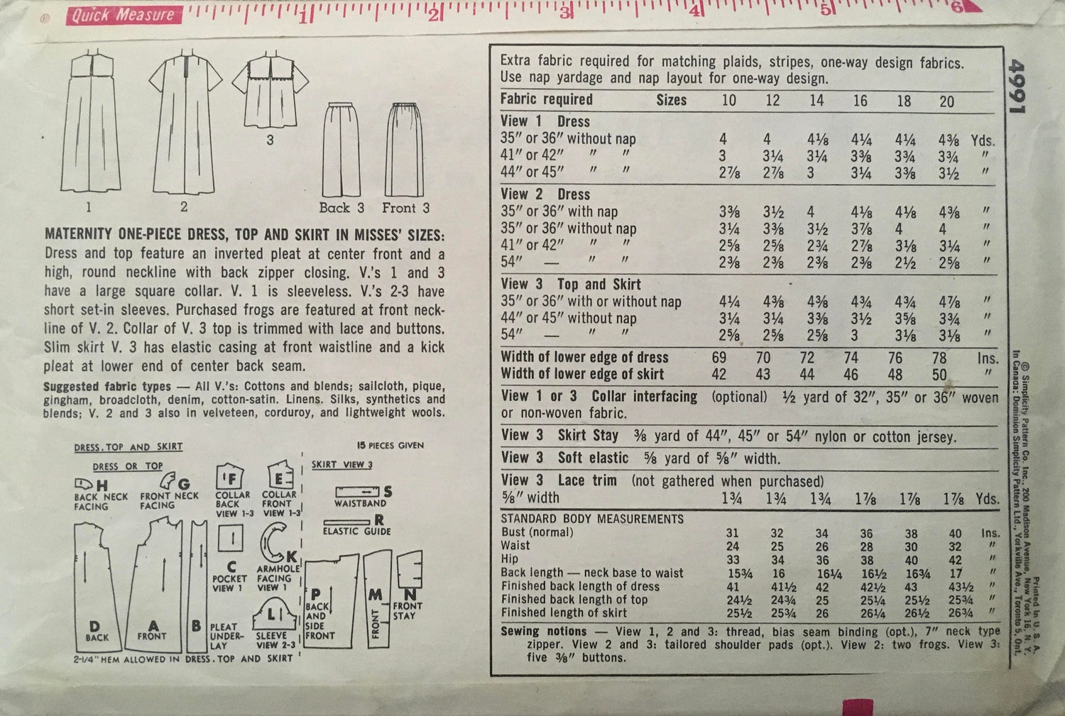 Simplicity 4991 Sewing Pattern (Vintage) UNCUT