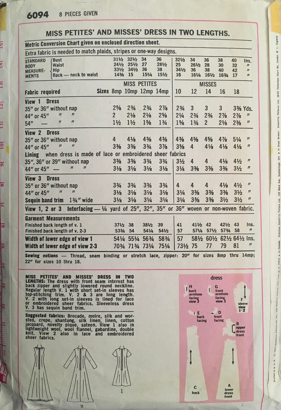 Simplicity 6094 Sewing Pattern (Vintage) CUT