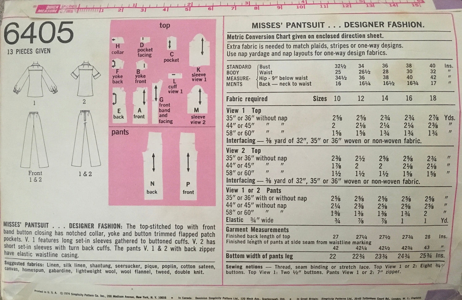 Simplicity 6405 Sewing Pattern (Vintage) CUT