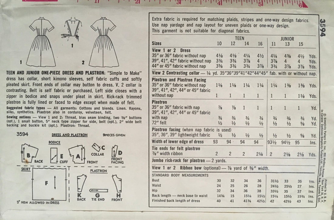 Simplicity 3594 Sewing Pattern (Vintage) UNCUT