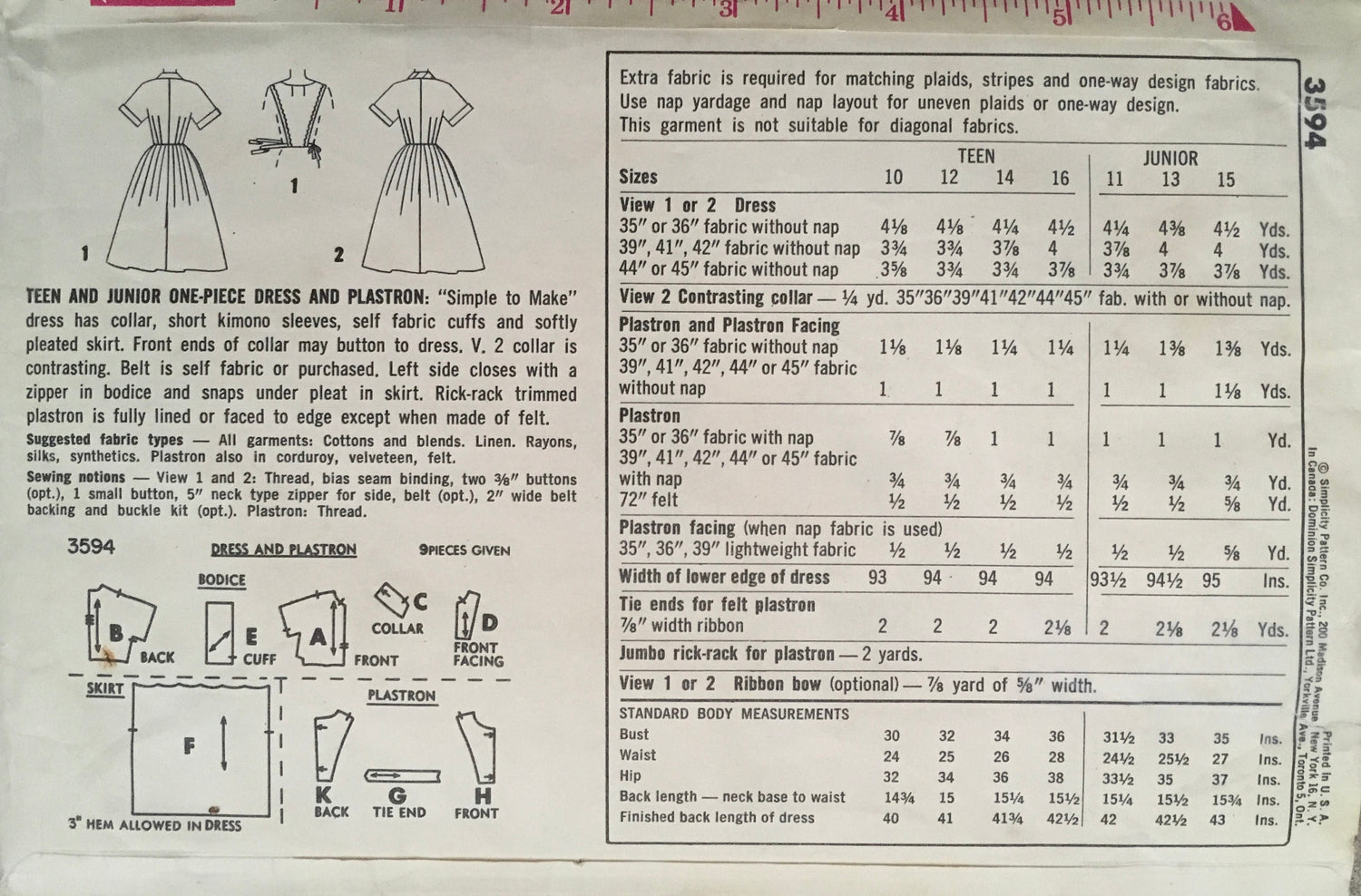Simplicity 3594 Sewing Pattern (Vintage) UNCUT