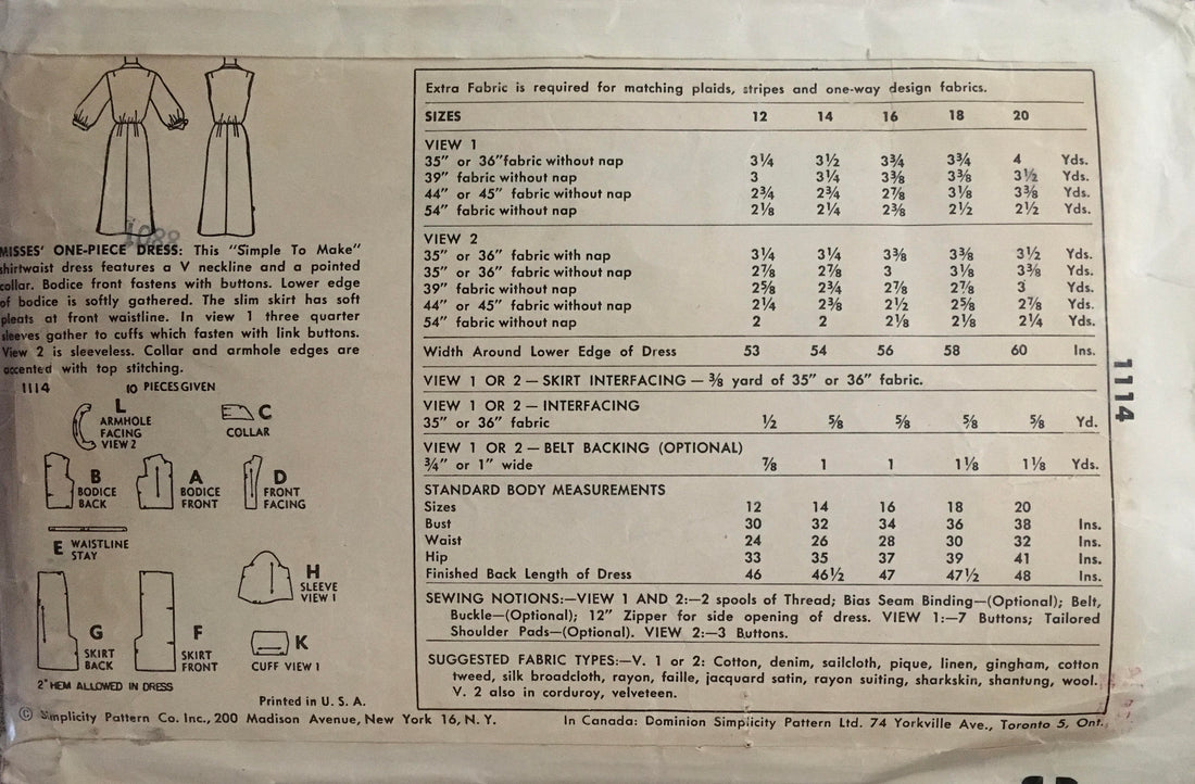 Simplicity 1114 Sewing Pattern (Vintage) CUT