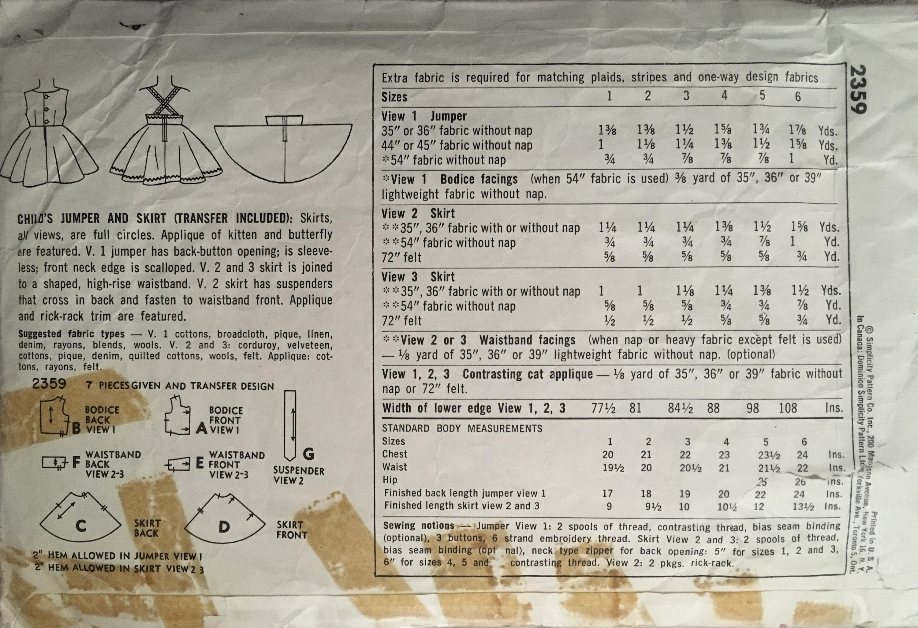 Simplicity 2359 Sewing Pattern (Vintage) CUT