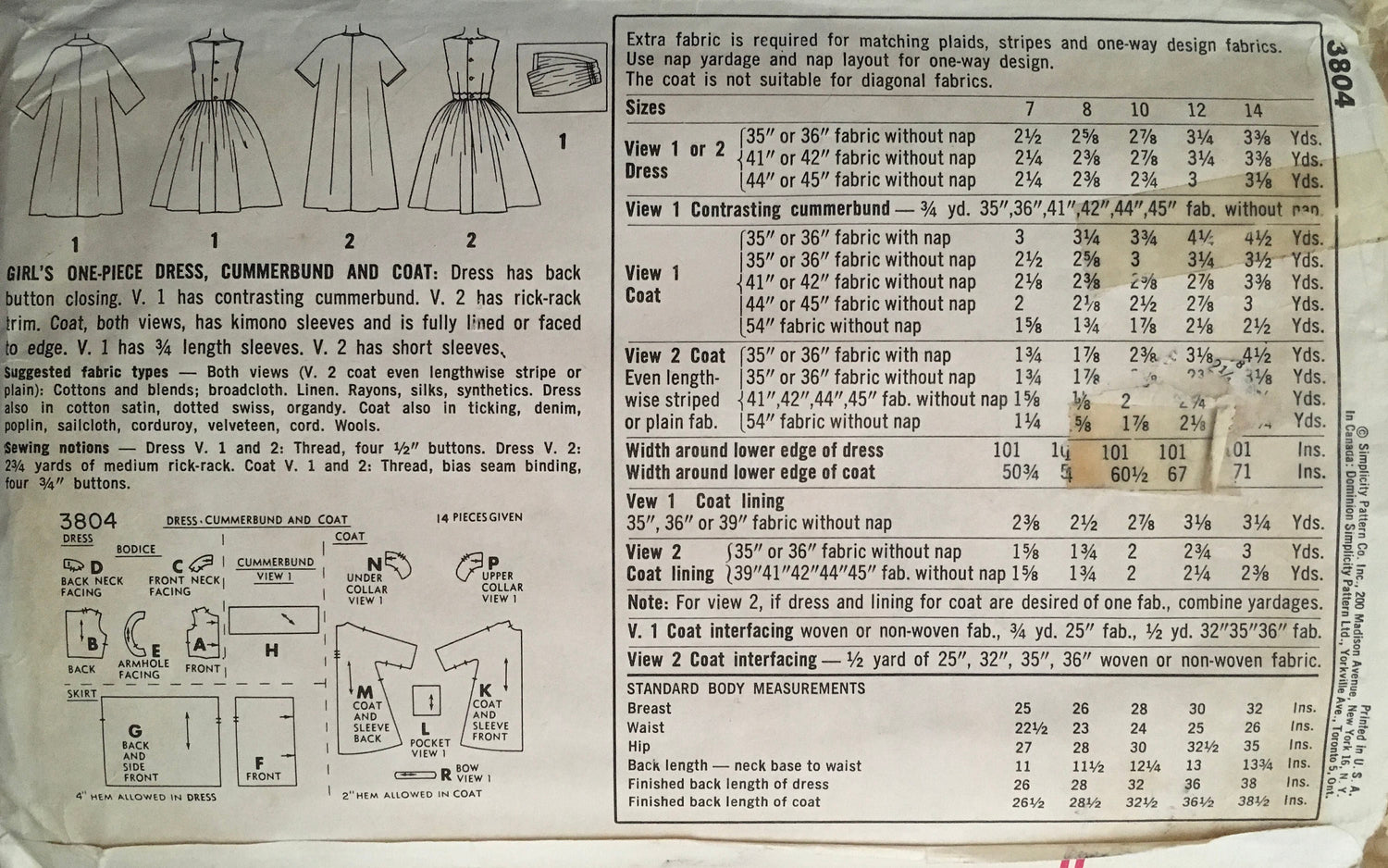 Simplicity 3804 Sewing Pattern (Vintage) CUT