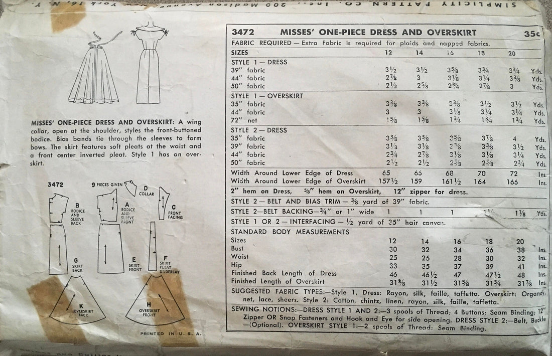 Simplicity 3472 Sewing Pattern (Vintage) CUT