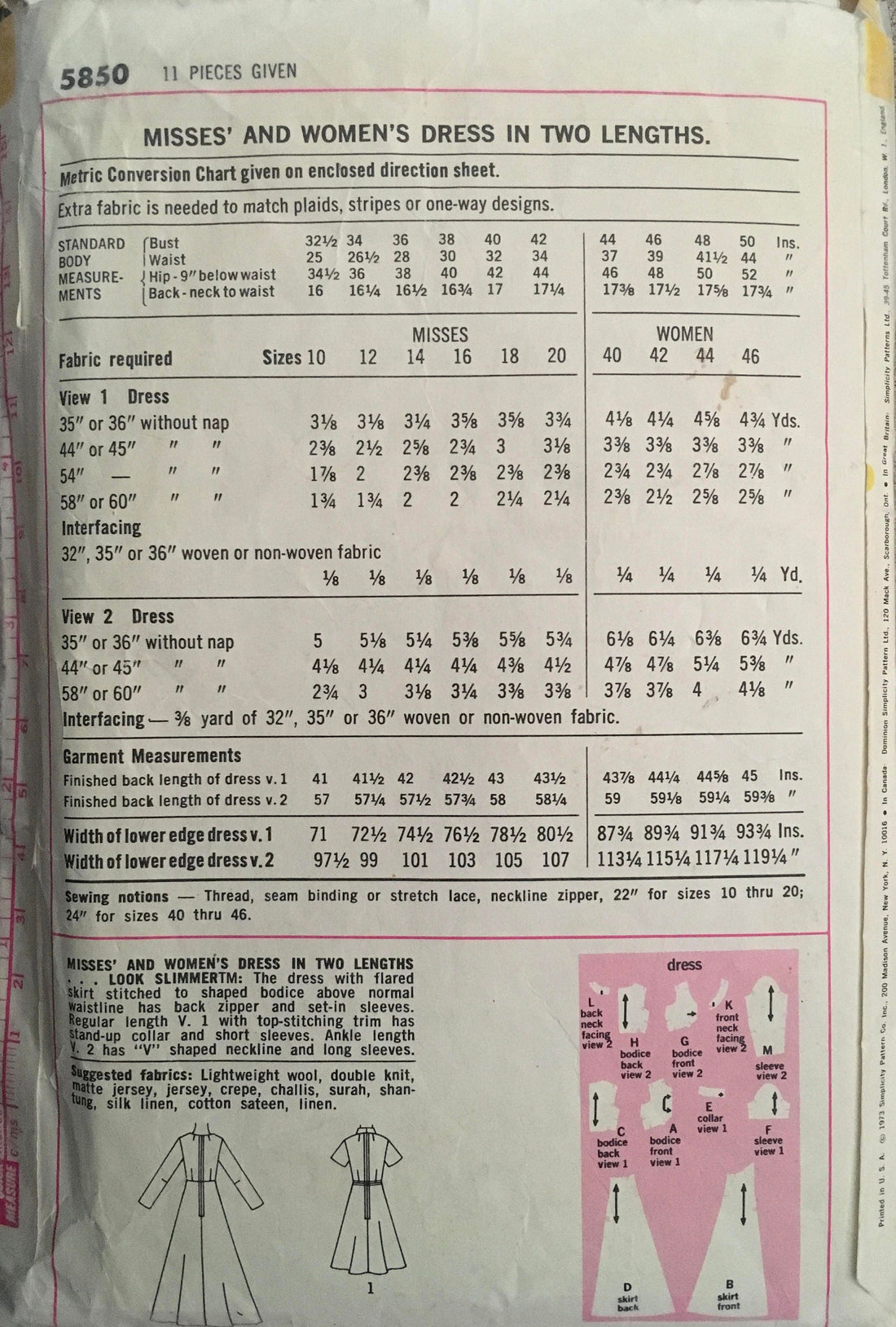 Simplicity 5850 Sewing Pattern (Vintage) CUT