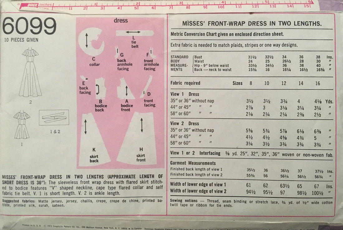 Simplicity 6099 Sewing Pattern (Vintage) UNCUT/CUT