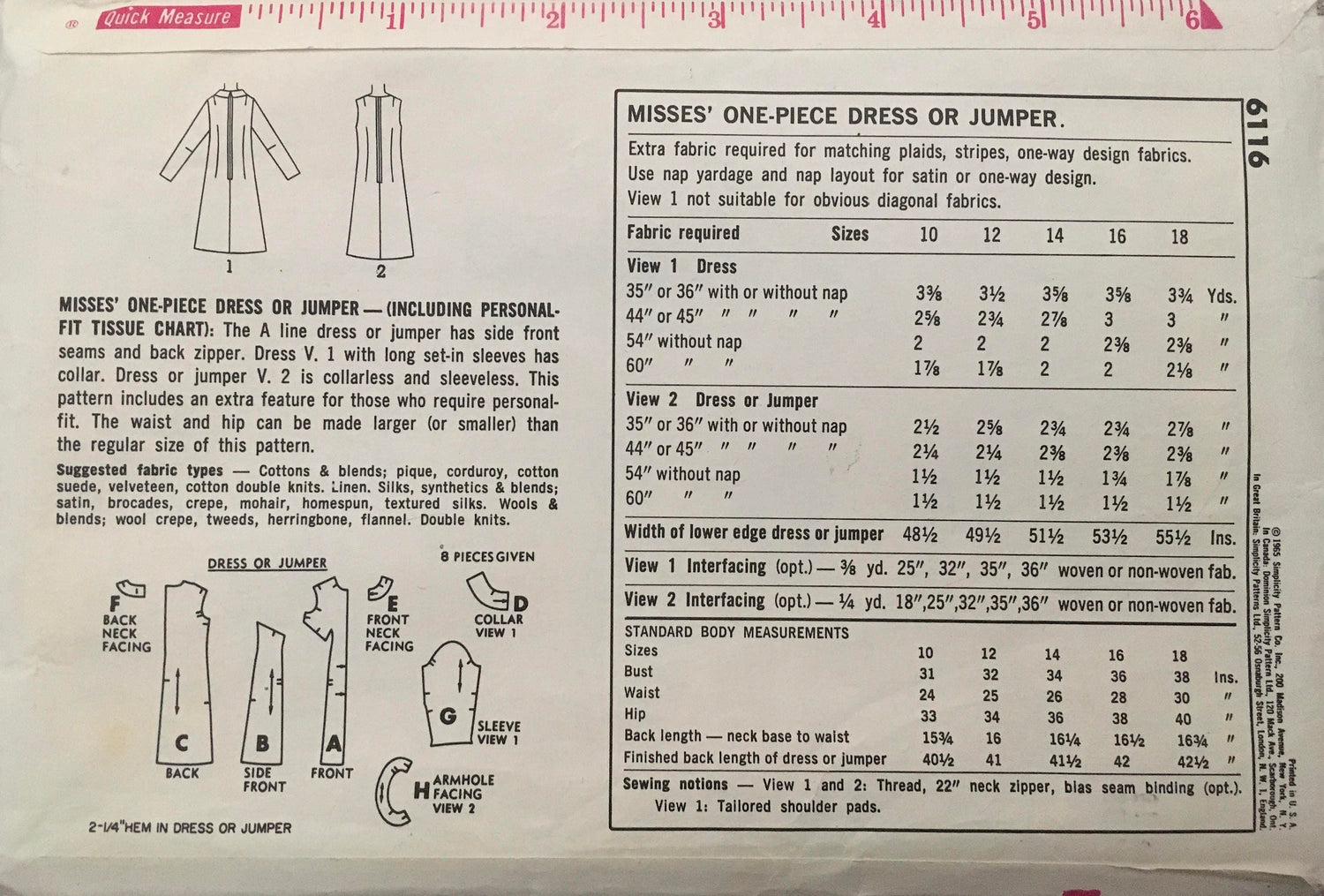 Simplicity 6116 Sewing Pattern (Vintage) UNCUT