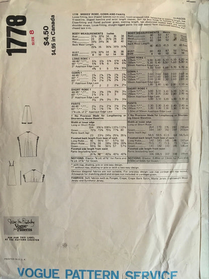 Vogue 1778 Sewing Pattern (Vintage) CUT
