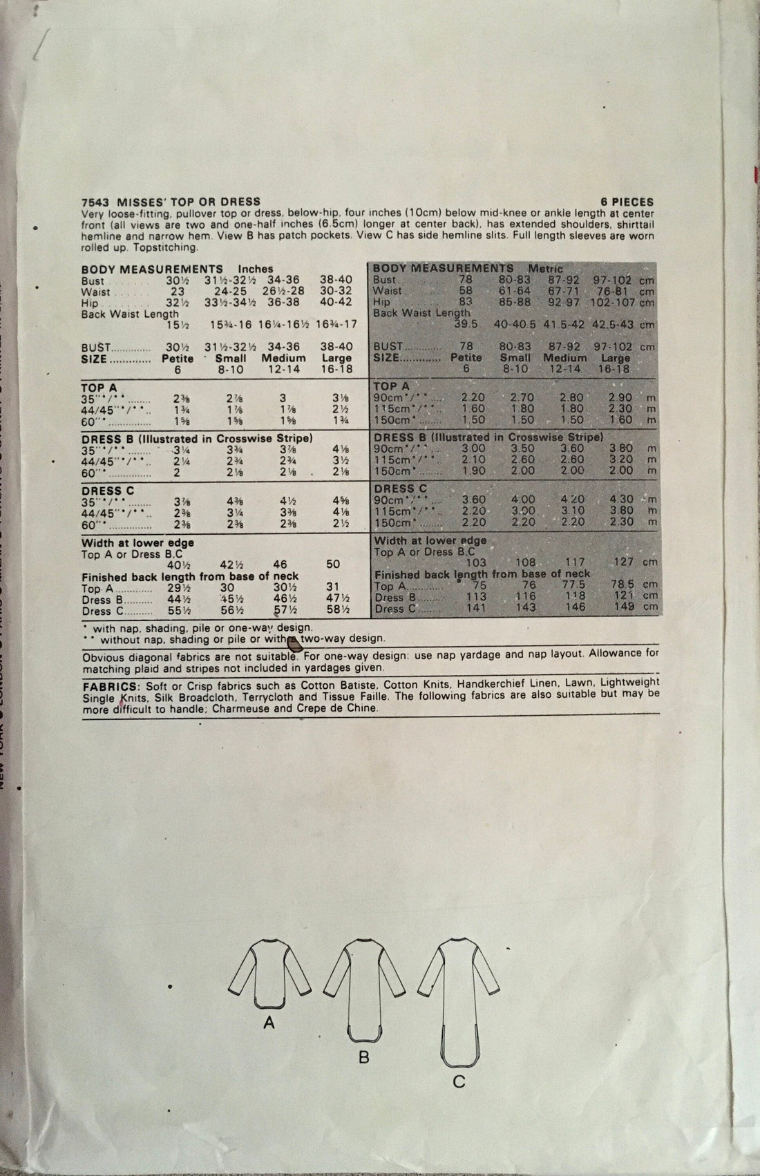 Vogue 7543 Sewing Pattern (Vintage) CUT