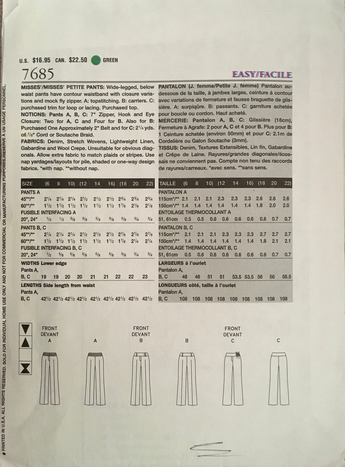 Vogue 7685 Sewing Pattern (Vintage) CUT