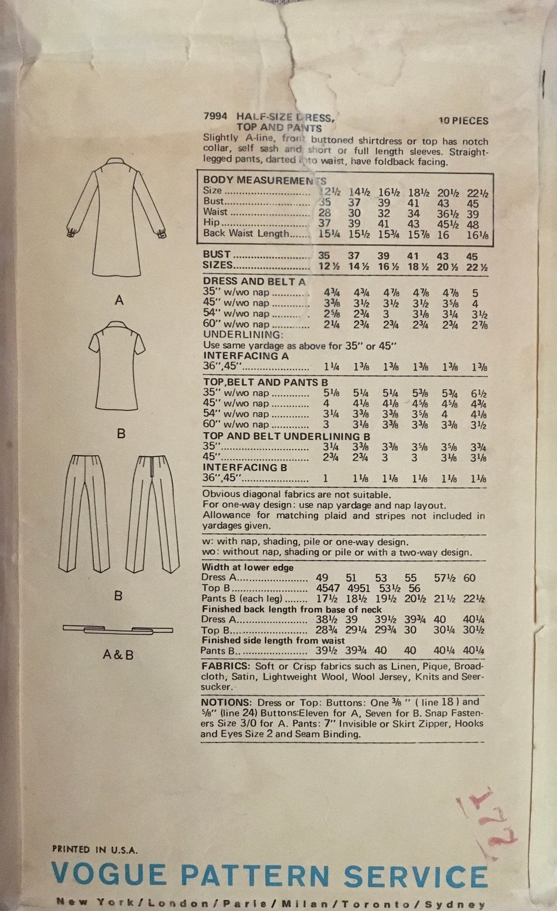 Vogue 7994 Sewing Pattern (Vintage) CUT