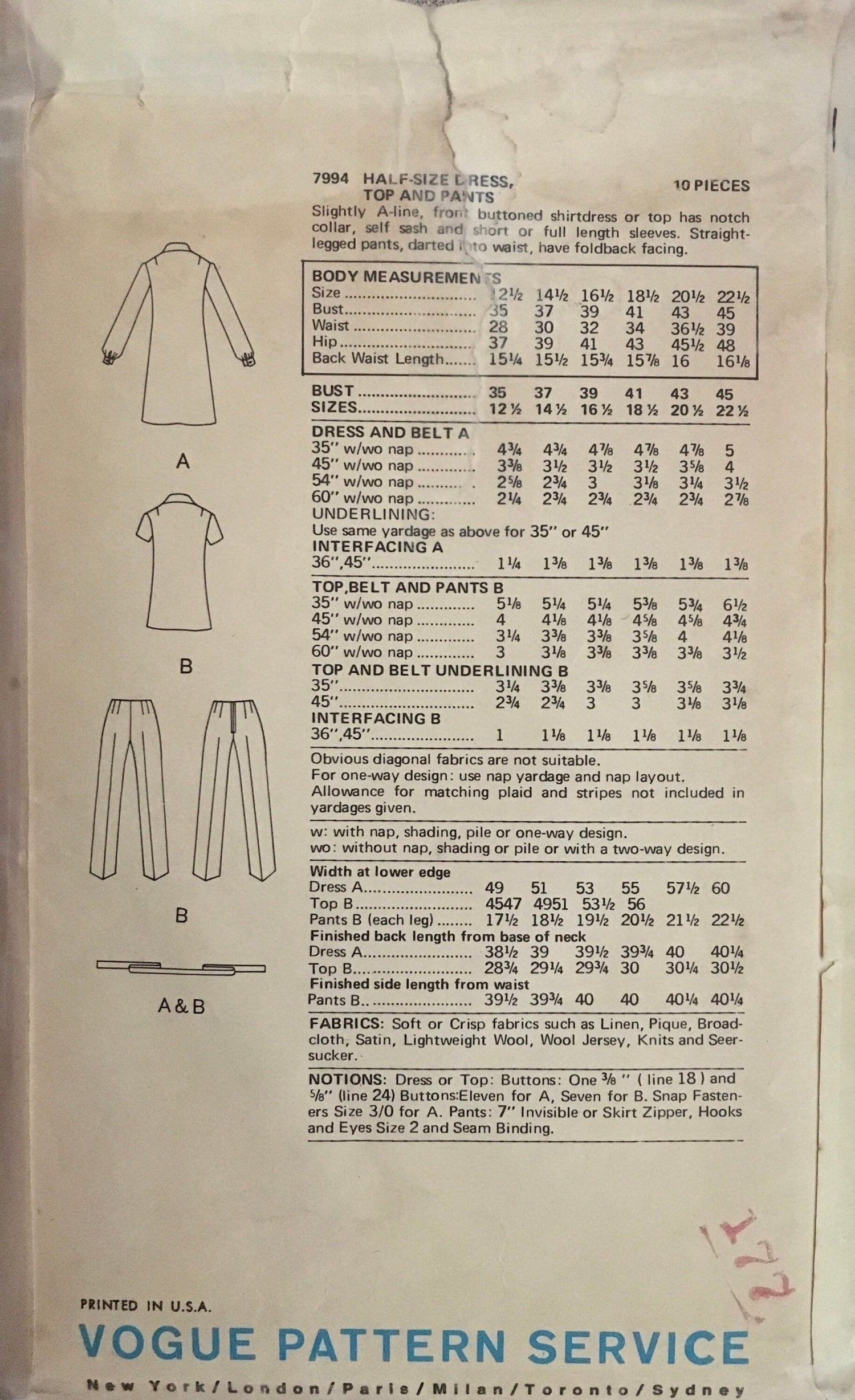 Vogue 7994 Sewing Pattern (Vintage) CUT