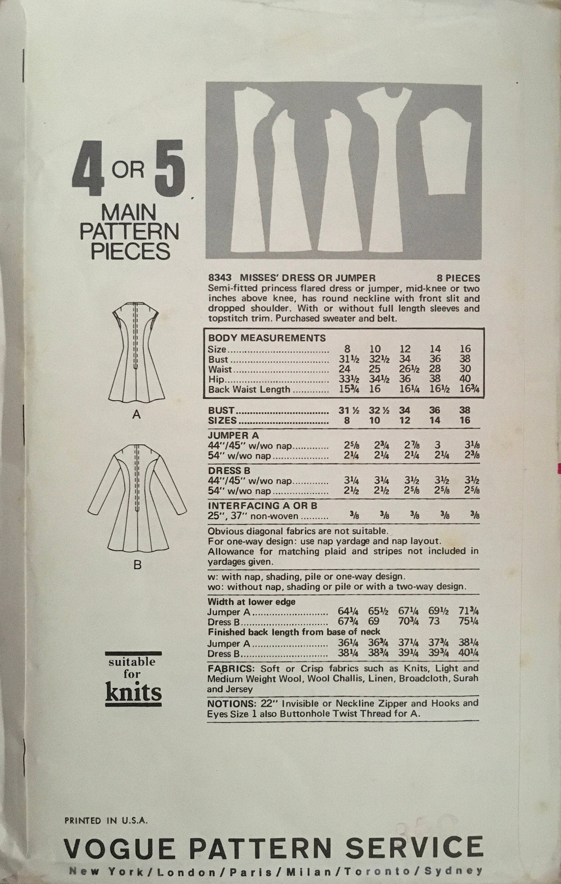 Vogue 8343 Sewing Pattern (Vintage) CUT