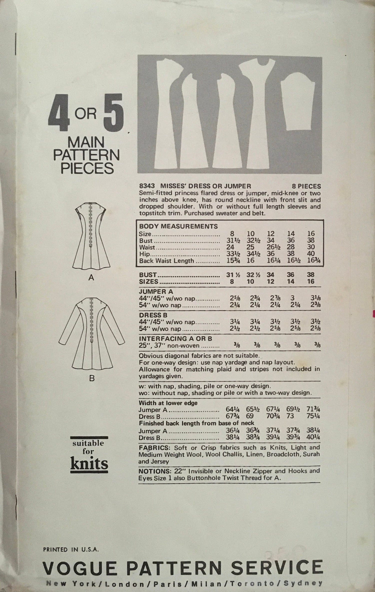 Vogue 8343 Sewing Pattern (Vintage) CUT