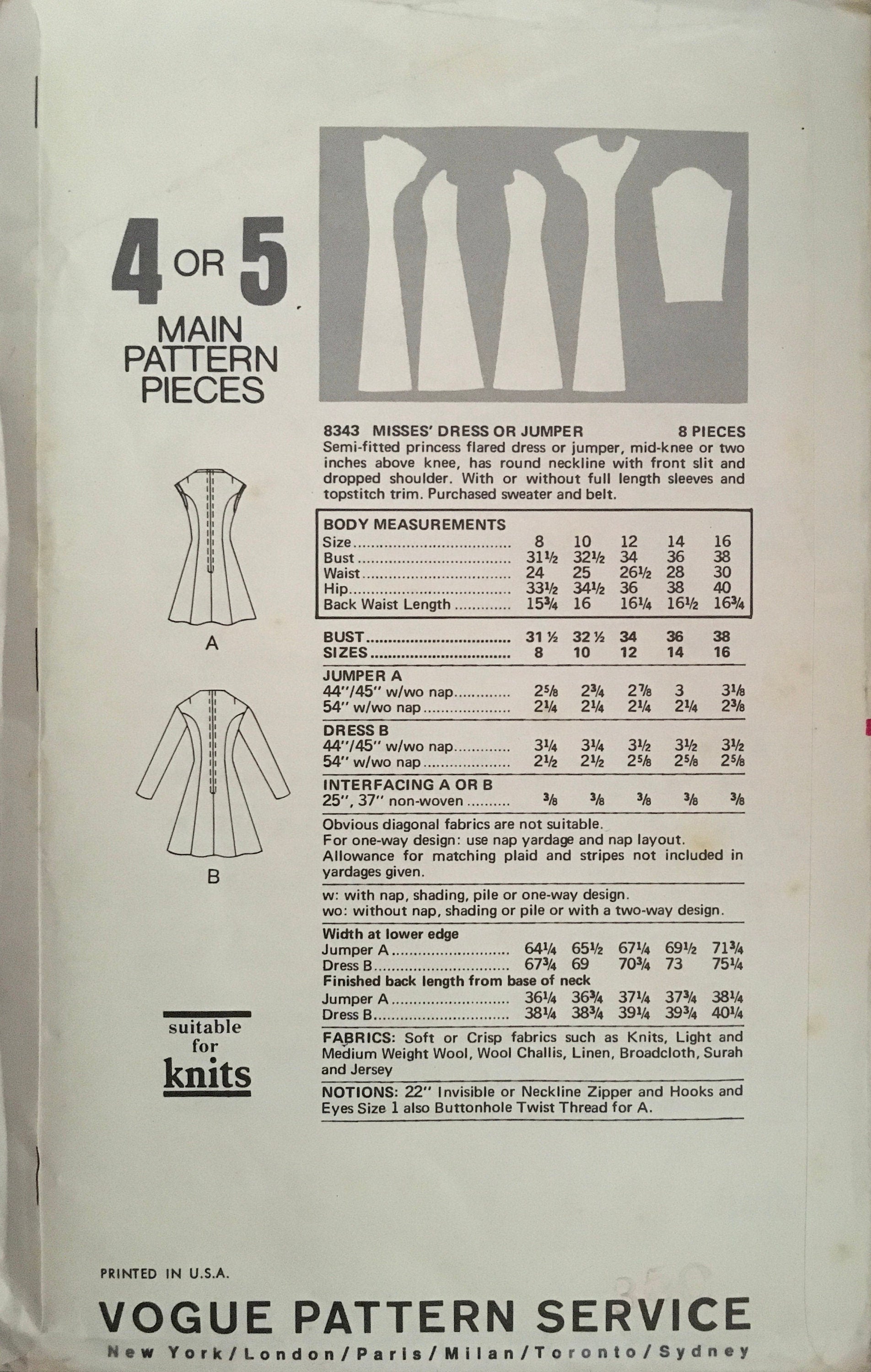 Vogue 8343 Sewing Pattern (Vintage) CUT