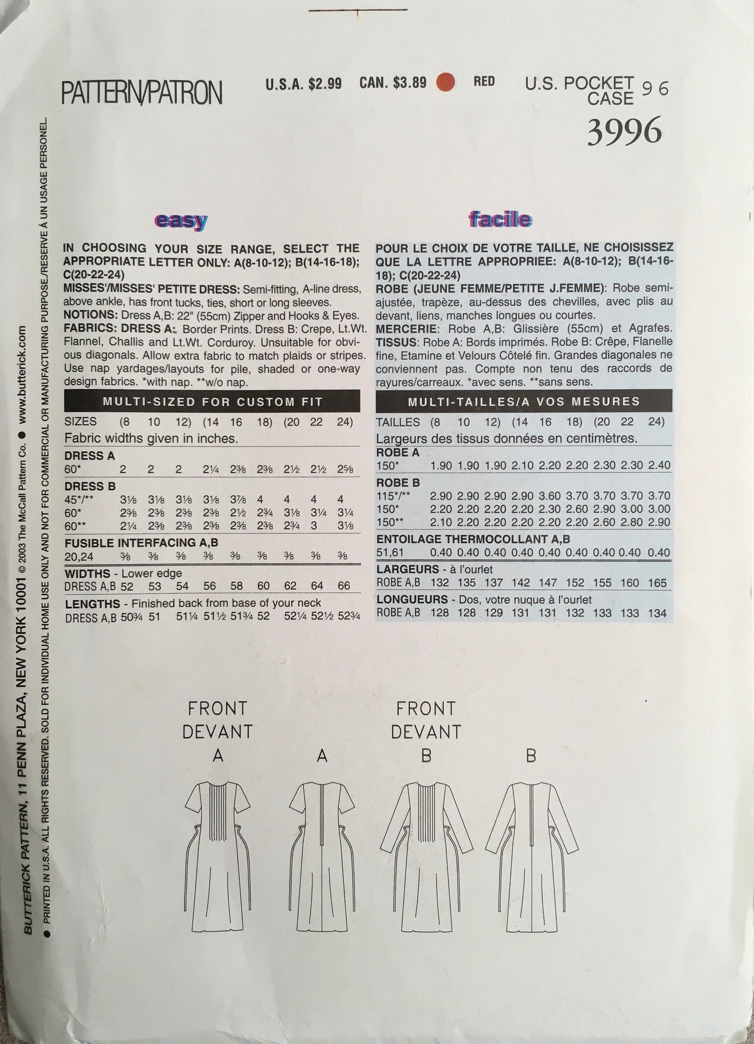 See &amp; Sew 3996 Sewing Pattern (Vintage) UNCUT/CUT