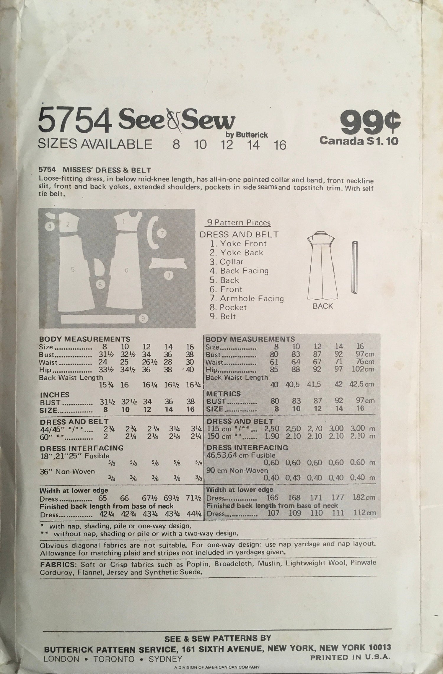 See &amp; Sew 5754 Sewing Pattern (Vintage) UNCUT
