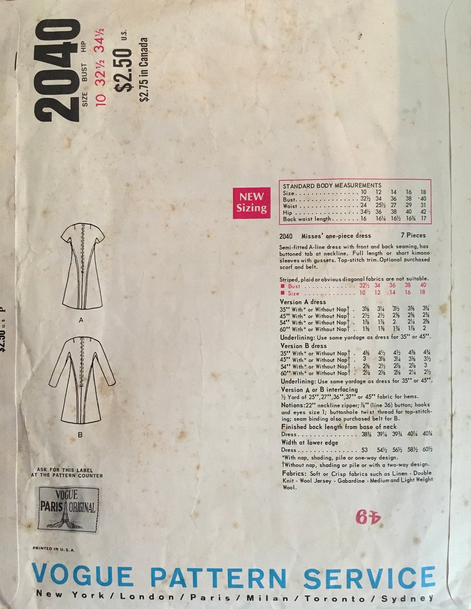Vogue 2040 Sewing Pattern (Vintage) CUT