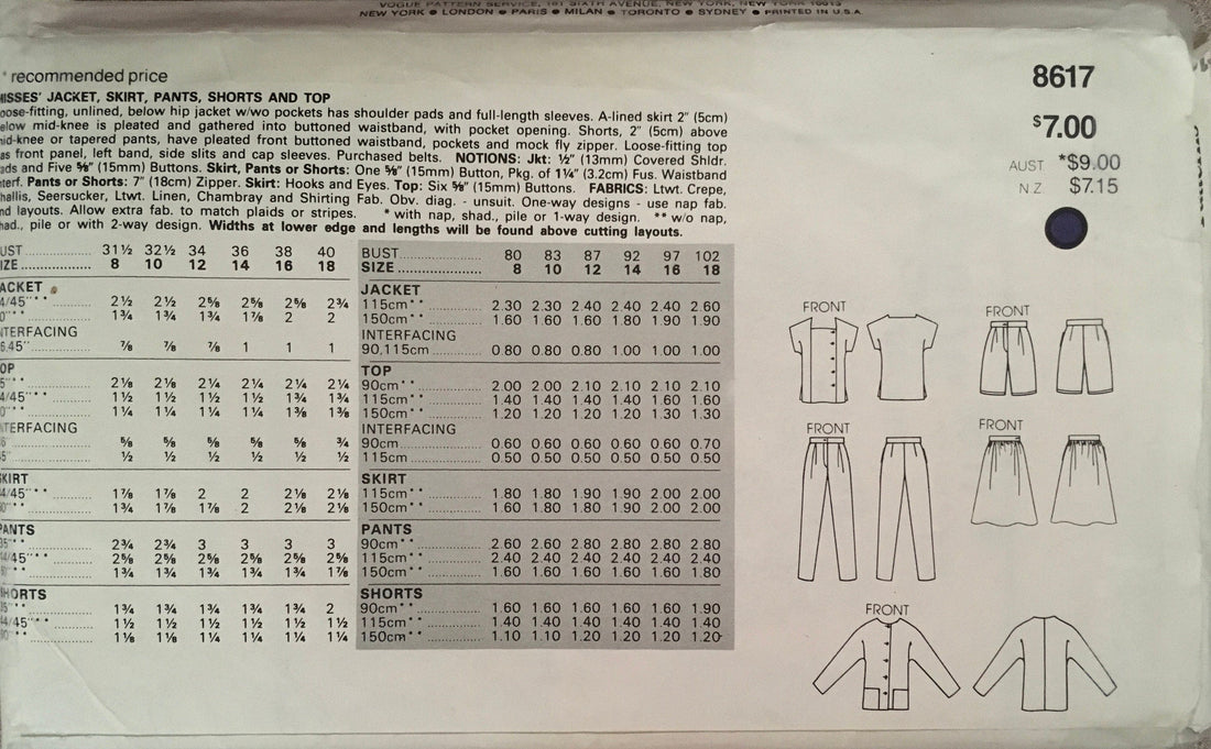 Vogue 8617 Sewing Pattern (Vintage) UNCUT