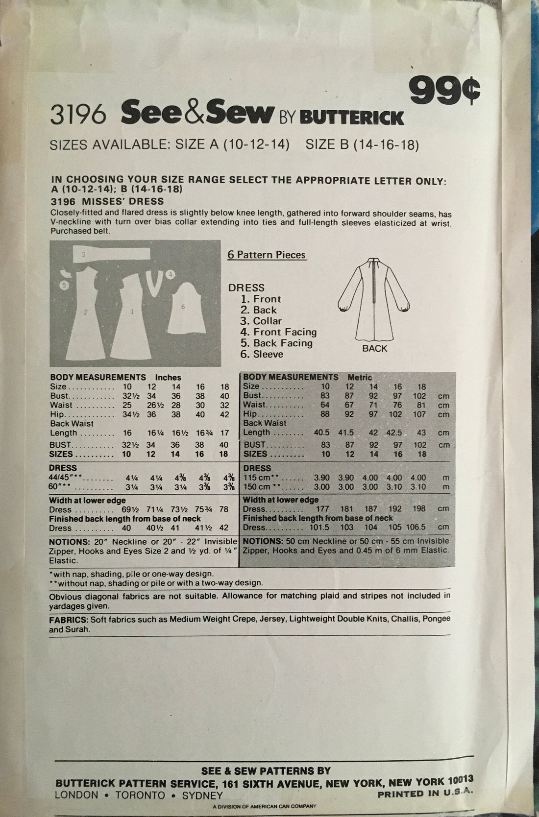 See &amp; Sew 3196 Sewing Pattern (Vintage) UNCUT