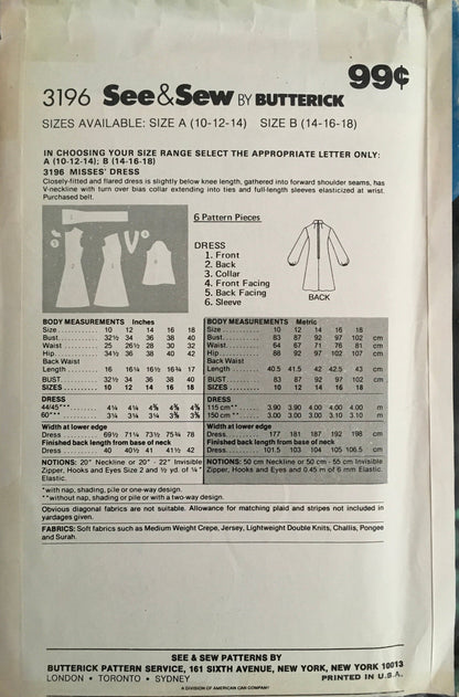 See &amp; Sew 3196 Sewing Pattern (Vintage) UNCUT