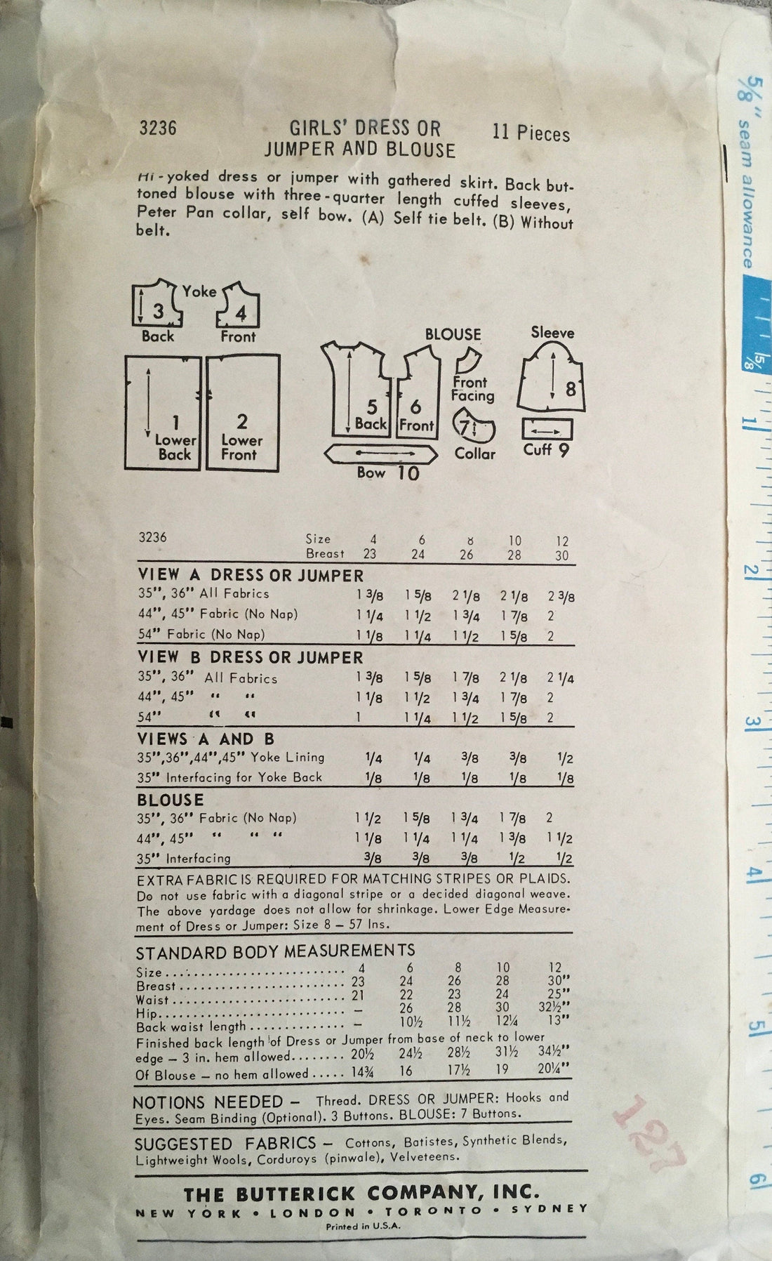 Butterick 3236 Sewing Pattern (Vintage) UNCUT